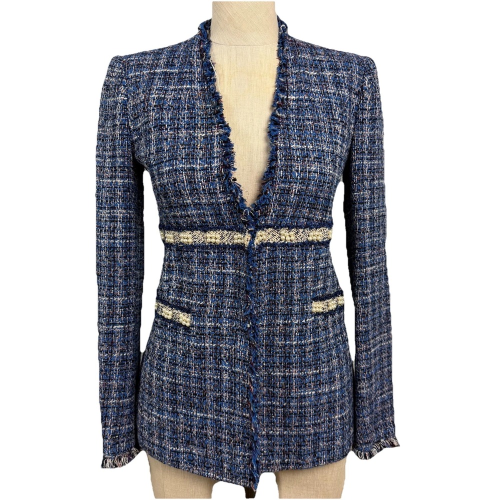 Zara Tweed Pearl Trim Jacket Blue Silver Metallic‎ S Structured Tailored Blazer